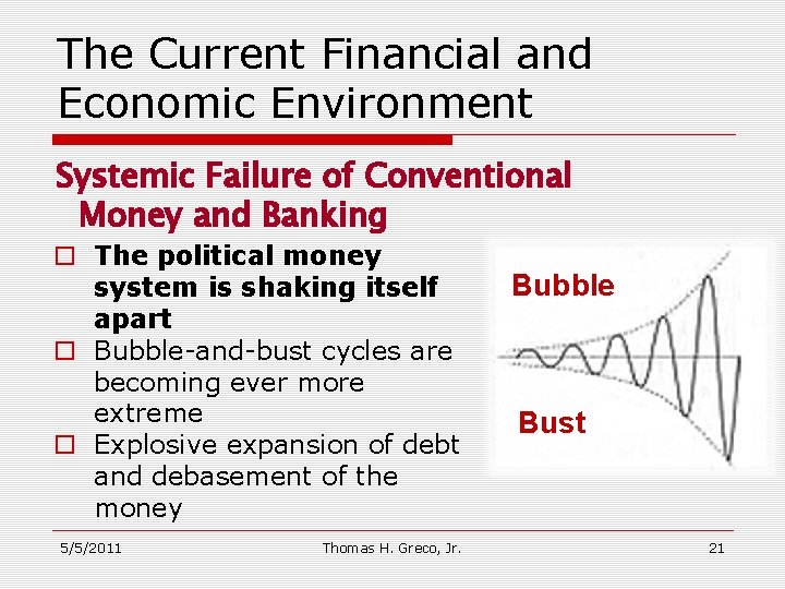 The Current Financial and Economic Environment Systemic Failure of Conventional Money and Banking o