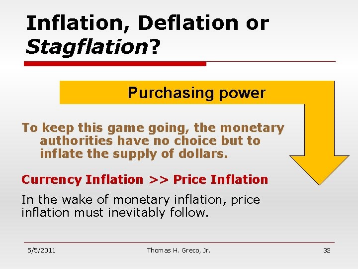 Inflation, Deflation or Stagflation? Purchasing power To keep this game going, the monetary authorities