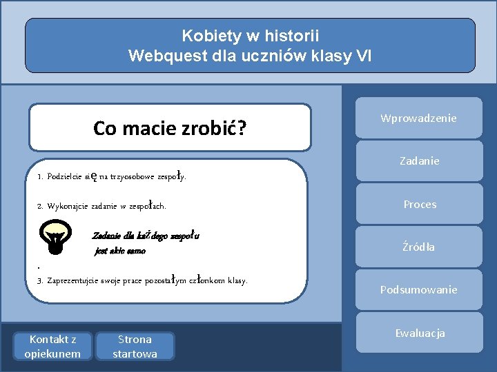 Kobiety w historii Webquest dla uczniów klasy VI Co macie zrobić? Wprowadzenie Zadanie 1.