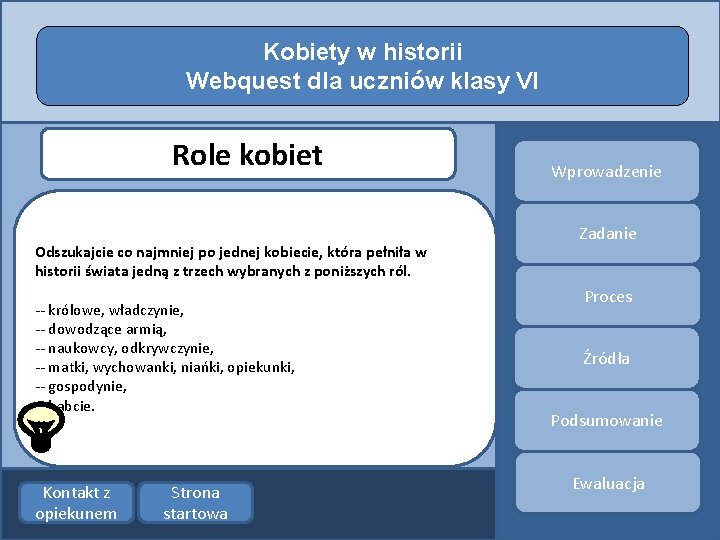 Kobiety w historii Webquest dla uczniów klasy VI Role kobiet Odszukajcie co najmniej po