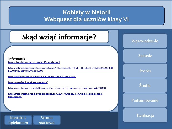 Kobiety w historii Webquest dla uczniów klasy VI Skąd wziąć informacje? Wprowadzenie Zadanie Informacje