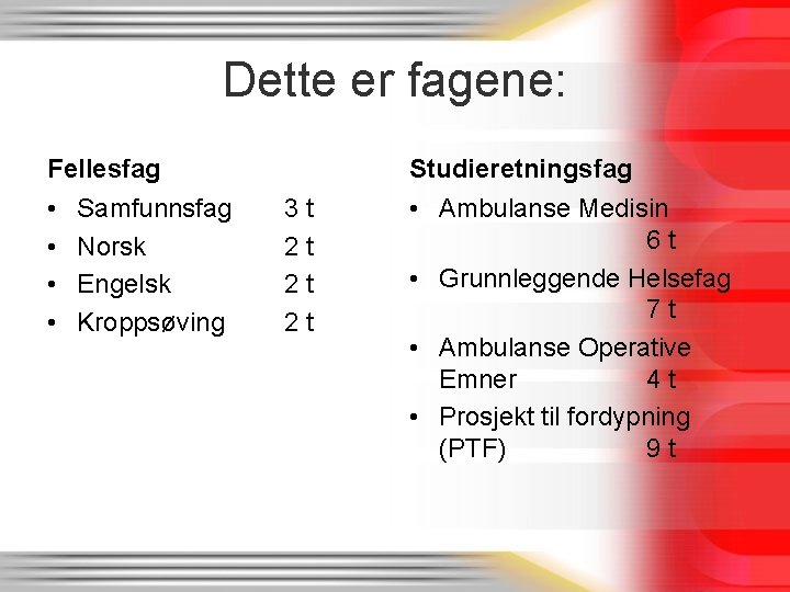 Dette er fagene: Fellesfag • • Samfunnsfag Norsk Engelsk Kroppsøving Studieretningsfag 3 t 2