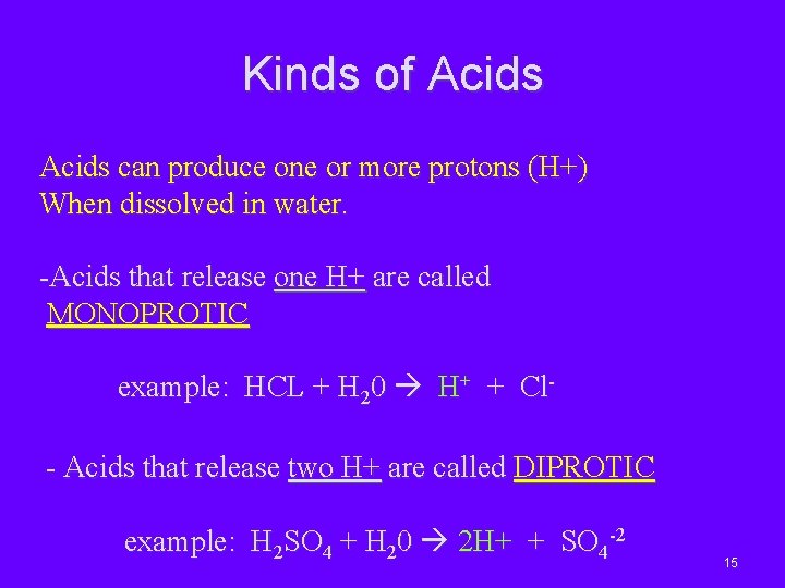 Kinds of Acids can produce one or more protons (H+) When dissolved in water.