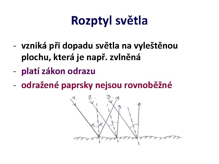 Rozptyl světla - vzniká při dopadu světla na vyleštěnou plochu, která je např. zvlněná