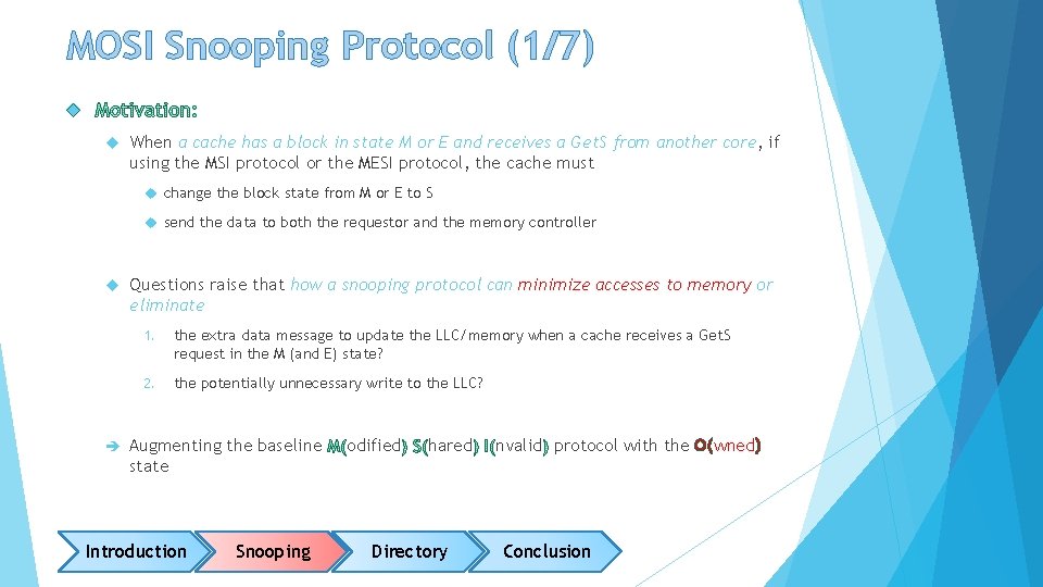 MOSI Snooping Protocol (1/7) When a cache has a block in state M or