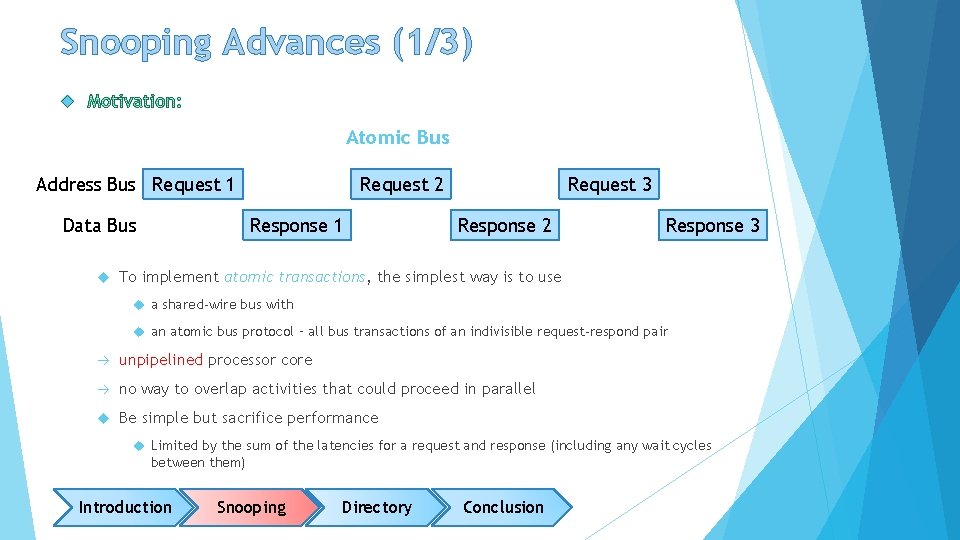 Snooping Advances (1/3) Atomic Bus Address Bus Request 1 Data Bus Request 2 Response