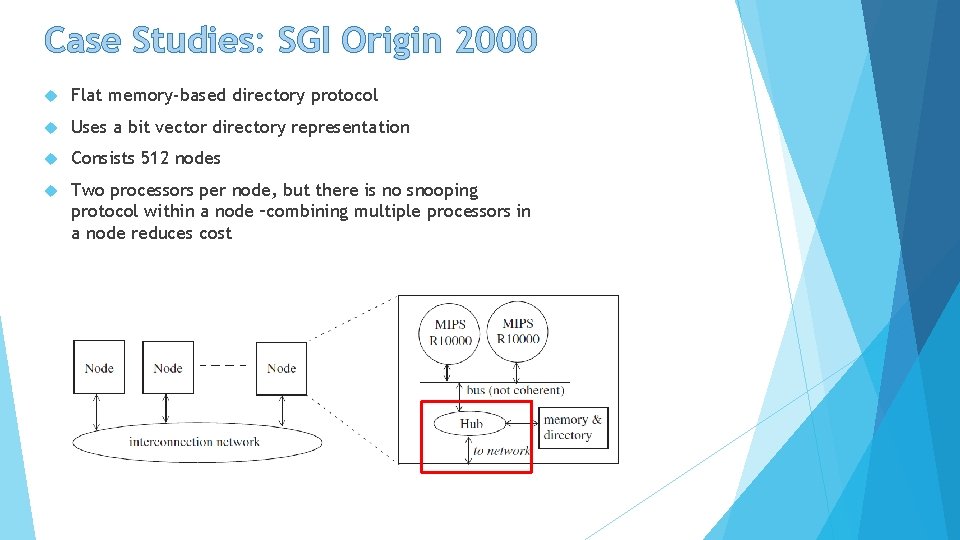 Case Studies: SGI Origin 2000 Flat memory-based directory protocol Uses a bit vector directory
