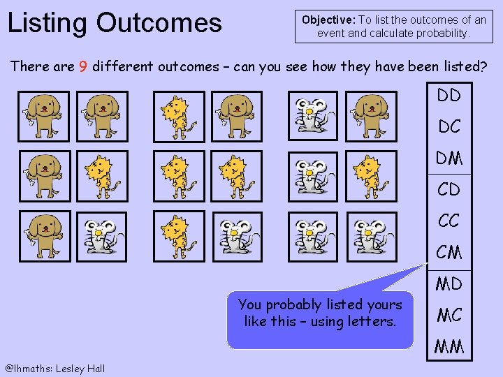 Listing Outcomes Objective: To list the outcomes of an event and calculate probability. There