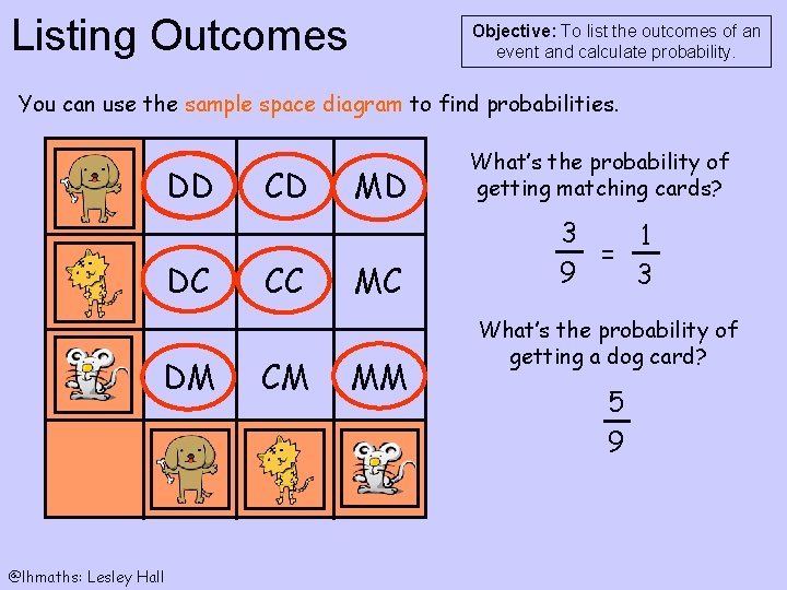 Listing Outcomes Objective: To list the outcomes of an event and calculate probability. You