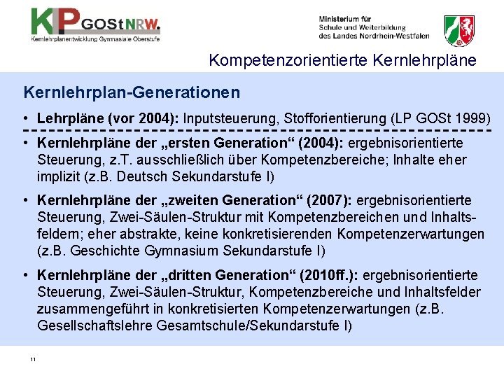 Kompetenzorientierte Kernlehrpläne Kernlehrplan-Generationen • Lehrpläne (vor 2004): Inputsteuerung, Stofforientierung (LP GOSt 1999) • Kernlehrpläne Kompetenzorientierte Kernlehrpläne Kernlehrplan-Generationen • Lehrpläne (vor 2004): Inputsteuerung, Stofforientierung (LP GOSt 1999) • Kernlehrpläne