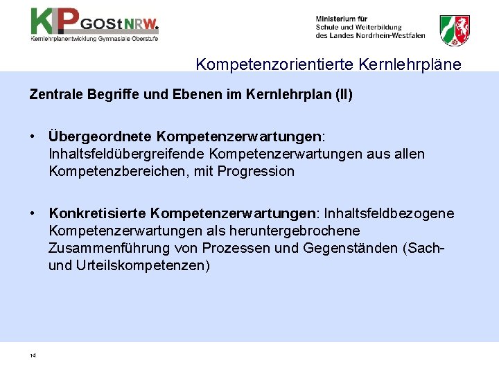 Kompetenzorientierte Kernlehrpläne Zentrale Begriffe und Ebenen im Kernlehrplan (II) • Übergeordnete Kompetenzerwartungen: Inhaltsfeldübergreifende Kompetenzerwartungen Kompetenzorientierte Kernlehrpläne Zentrale Begriffe und Ebenen im Kernlehrplan (II) • Übergeordnete Kompetenzerwartungen: Inhaltsfeldübergreifende Kompetenzerwartungen