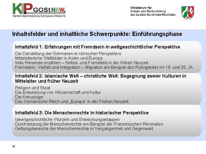 Inhaltsfelder und inhaltliche Schwerpunkte: Einführungsphase Inhaltsfeld 1: Erfahrungen mit Fremdsein in weltgeschichtlicher Perspektive Die Inhaltsfelder und inhaltliche Schwerpunkte: Einführungsphase Inhaltsfeld 1: Erfahrungen mit Fremdsein in weltgeschichtlicher Perspektive Die