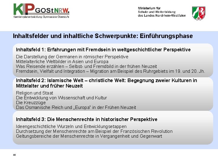 Inhaltsfelder und inhaltliche Schwerpunkte: Einführungsphase Inhaltsfeld 1: Erfahrungen mit Fremdsein in weltgeschichtlicher Perspektive Die