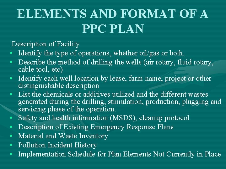 ELEMENTS AND FORMAT OF A PPC PLAN Description of Facility • Identify the type