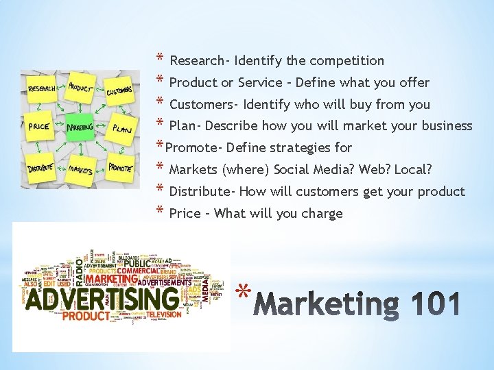 * Research- Identify the competition * Product or Service – Define what you offer