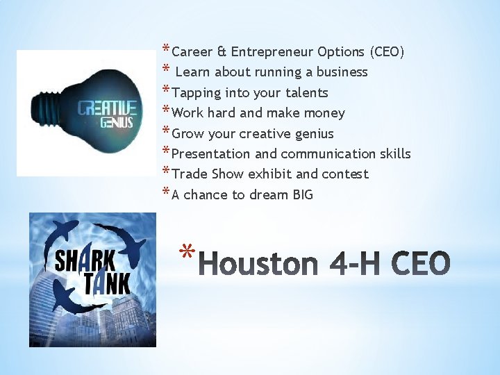 * Career & Entrepreneur Options (CEO) * Learn about running a business * Tapping