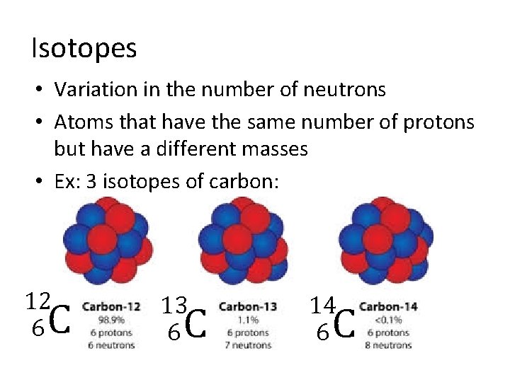 Isotopes • Variation in the number of neutrons • Atoms that have the same