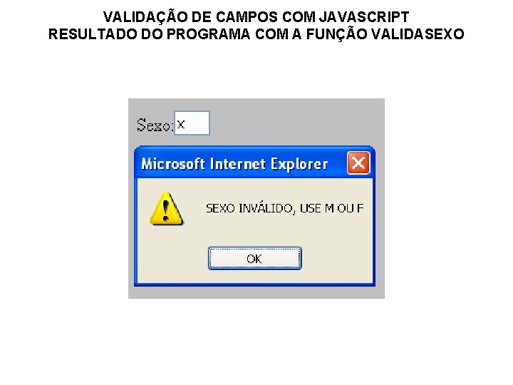 VALIDAÇÃO DE CAMPOS COM JAVASCRIPT RESULTADO DO PROGRAMA COM A FUNÇÃO VALIDASEXO 