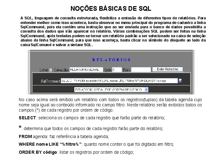 NOÇÕES BÁSICAS DE SQL A SQL, linguagem de consulta estruturada, flexibiliza a emissão de