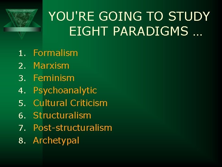 YOU'RE GOING TO STUDY EIGHT PARADIGMS … 1. Formalism 2. Marxism 3. Feminism 4.