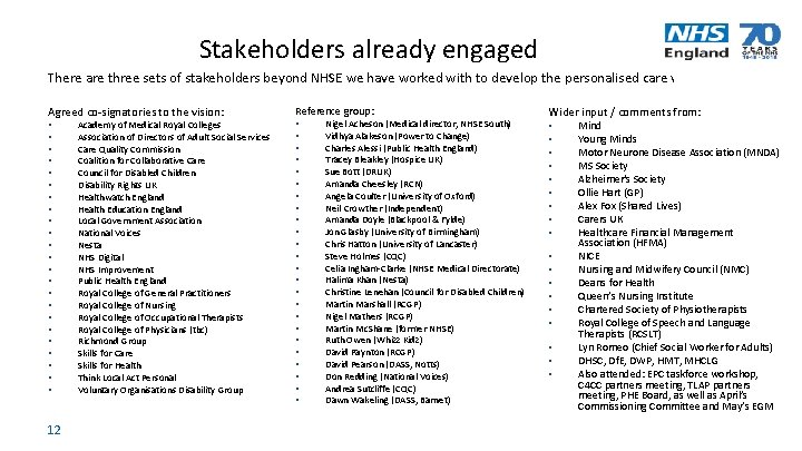 Stakeholders already engaged There are three sets of stakeholders beyond NHSE we have worked