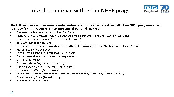 Interdependence with other NHSE progs The following sets out the main interdependencies and work