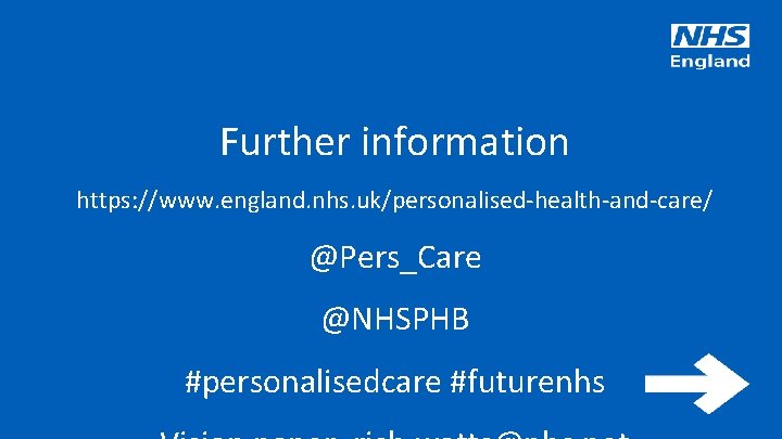 Further information https: //www. england. nhs. uk/personalised-health-and-care/ @Pers_Care @NHSPHB #personalisedcare #futurenhs 14 