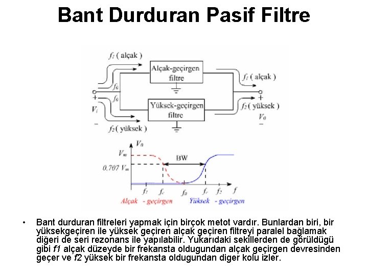 Bant Durduran Pasif Filtre • Bant durduran filtreleri yapmak için birçok metot vardır. Bunlardan