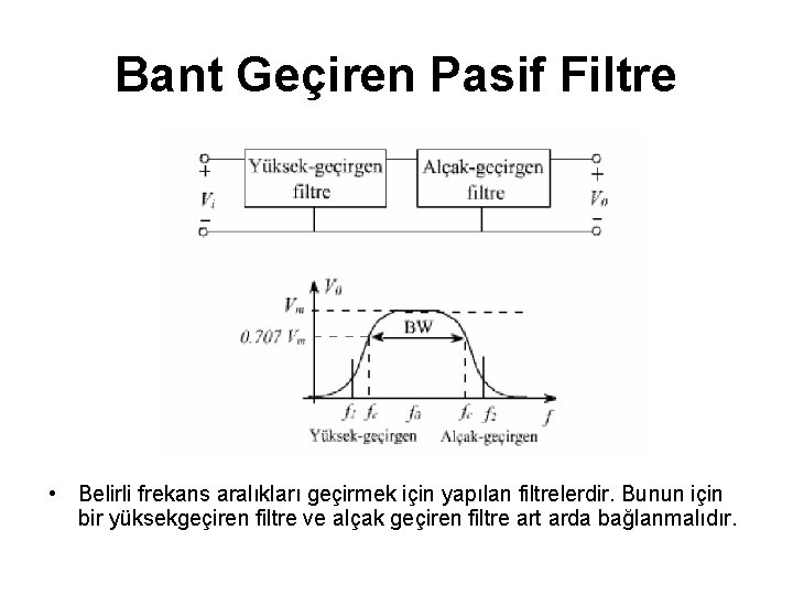 Bant Geçiren Pasif Filtre • Belirli frekans aralıkları geçirmek için yapılan filtrelerdir. Bunun için