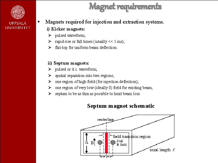 Magnet requirements § Magnets required for injection and extraction systems. i) Kicker magnets: Ø