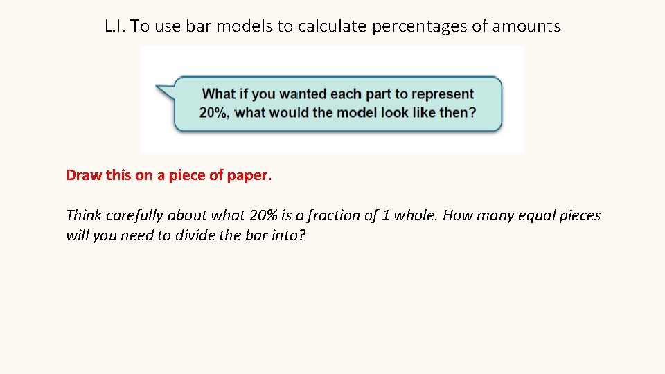 L. I. To use bar models to calculate percentages of amounts Draw this on
