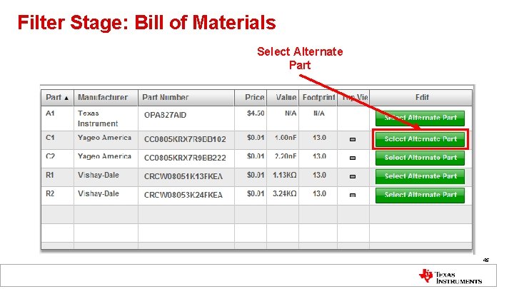 Filter Stage: Bill of Materials Select Alternate Part 45 