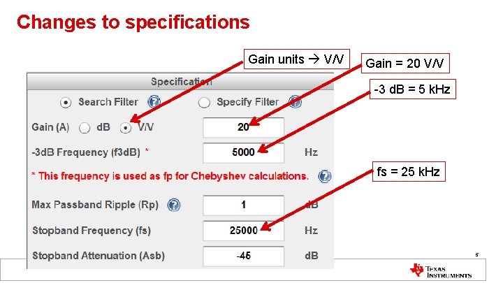 Changes to specifications Gain units V/V Gain = 20 V/V -3 d. B =