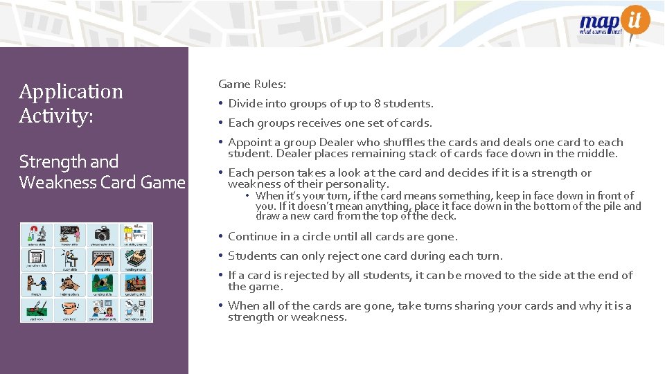 Application Activity: Strength and Weakness Card Game Rules: • Divide into groups of up
