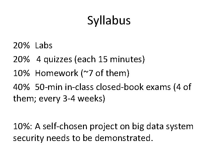 Syllabus 20% Labs 20% 4 quizzes (each 15 minutes) 10% Homework (~7 of them)