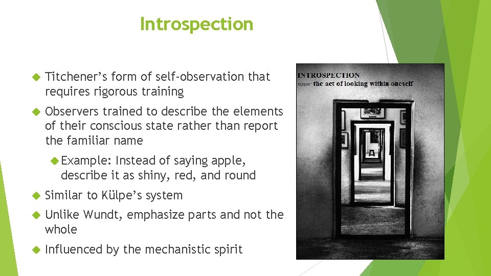 Introspection Titchener’s form of self-observation that requires rigorous training Observers trained to describe the