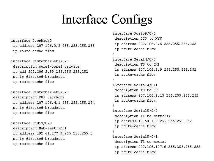 Interface Configs interface Loopback 0 ip address 207. 106. 0. 2 255 ip route-cache
