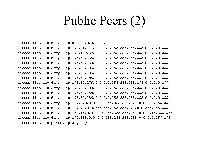 Public Peers (2) access-list access-list access-list access-list access-list 110 110 110 110 110 deny