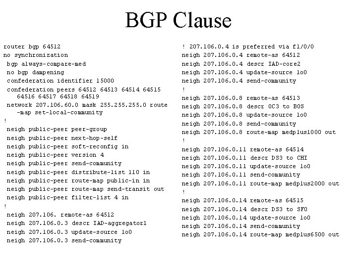 BGP Clause router bgp 64512 no synchronization bgp always-compare-med no bgp dampening confederation identifier