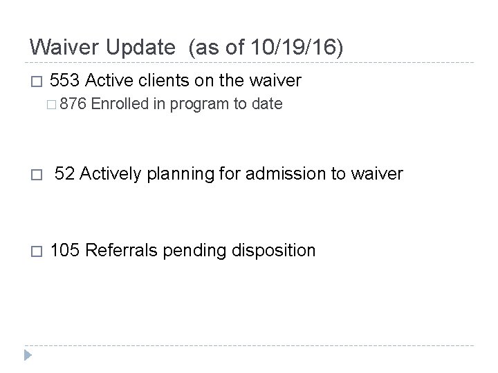 Waiver Update (as of 10/19/16) � 553 Active clients on the waiver � 876