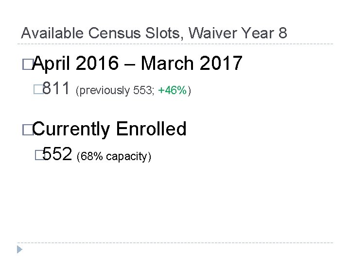 Available Census Slots, Waiver Year 8 �April 2016 – March 2017 � 811 (previously