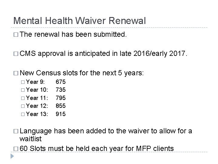 Mental Health Waiver Renewal � The renewal has been submitted. � CMS approval is