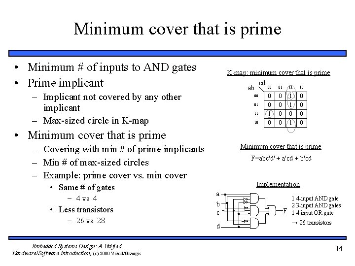 Minimum cover that is prime • Minimum # of inputs to AND gates •