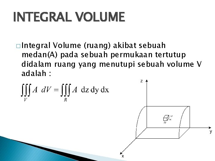 INTEGRAL VOLUME � Integral Volume (ruang) akibat sebuah medan(A) pada sebuah permukaan tertutup didalam