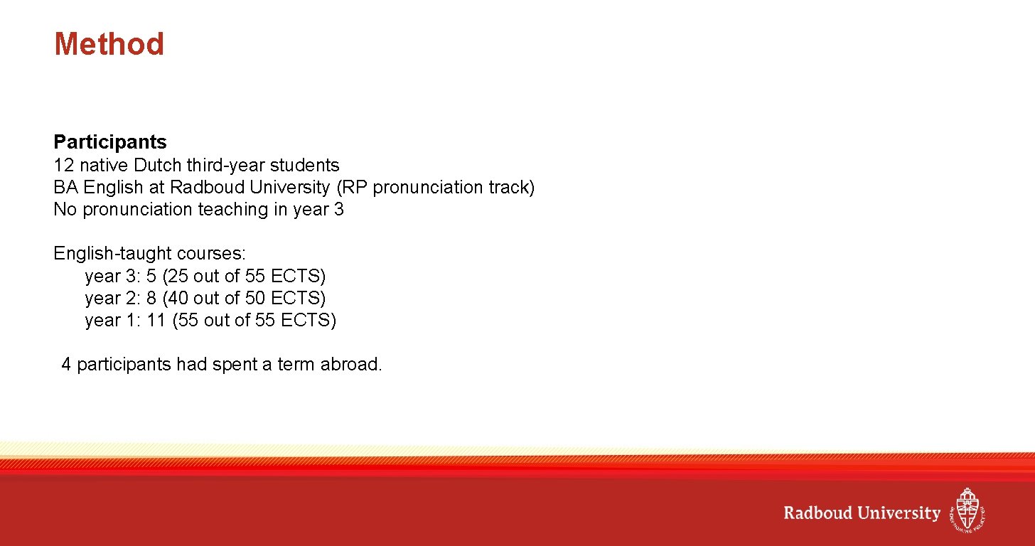 Method Participants 12 native Dutch third-year students BA English at Radboud University (RP pronunciation