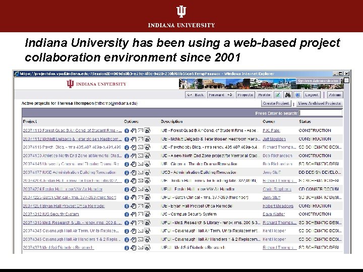 Indiana University has been using a web-based project collaboration environment since 2001 