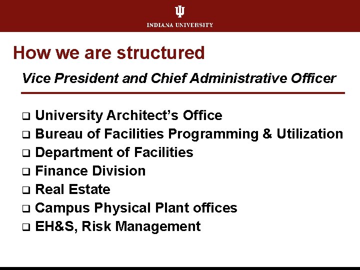 How we are structured Vice President and Chief Administrative Officer University Architect’s Office q