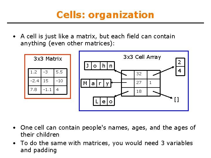 Cells: organization • A cell is just like a matrix, but each field can