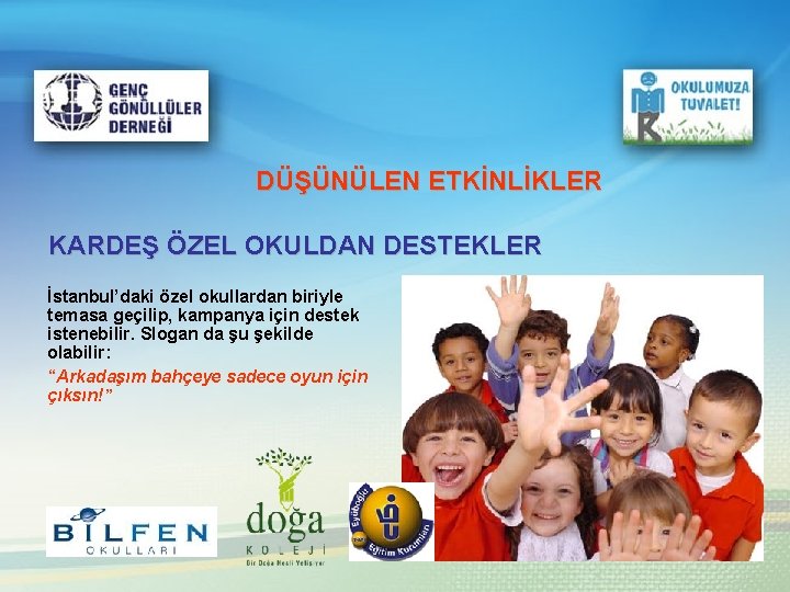 DÜŞÜNÜLEN ETKİNLİKLER KARDEŞ ÖZEL OKULDAN DESTEKLER İstanbul’daki özel okullardan biriyle temasa geçilip, kampanya için