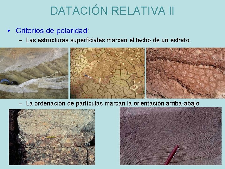 DATACIÓN RELATIVA II • Criterios de polaridad: – Las estructuras superficiales marcan el techo